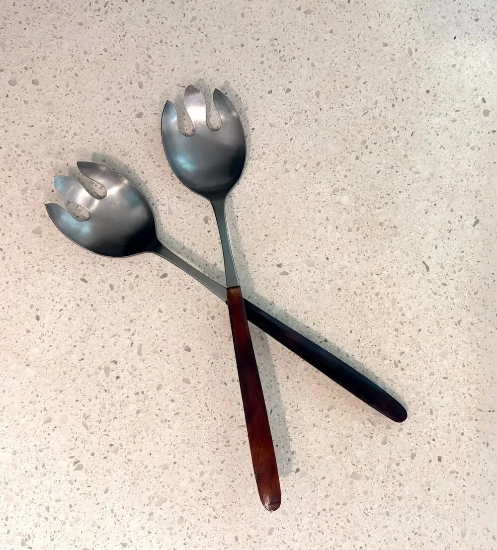 MCM Japan Salad Servers Rosewood Handles Stainless Vintage Midcentury Barware